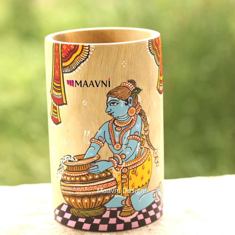 Hand-painted Pattachitra Krishna Eating Makhan Brush Painting by Maavni