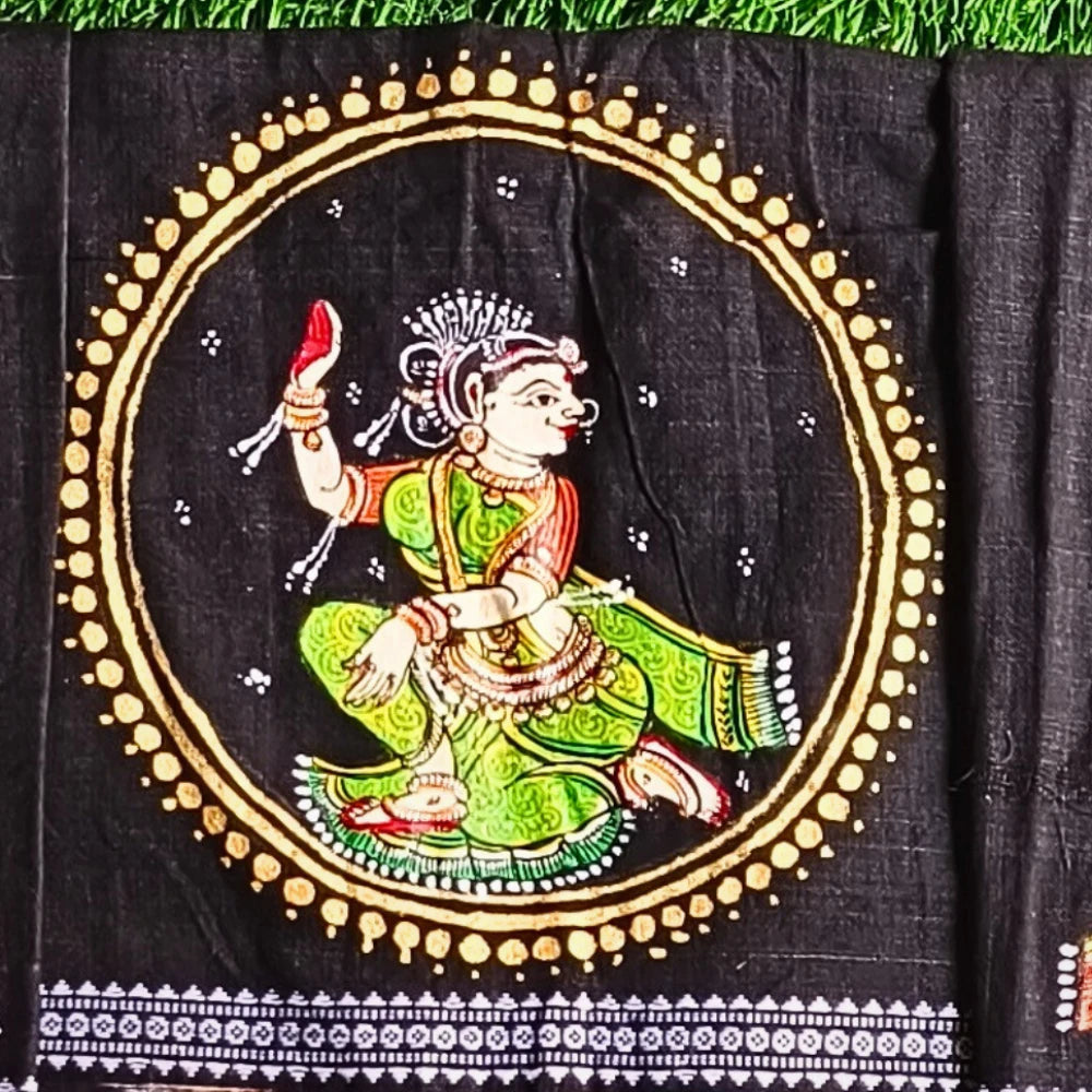 Hand-painted Pattachitra Lady Doing Sringhar In Circle Design Blouse gallery image by Maavni