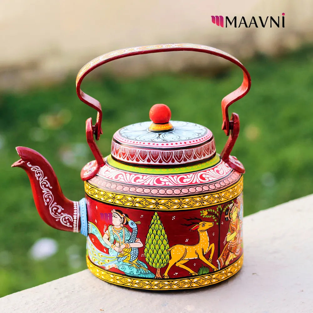 Hand-painted Pattachitra Jungle Theme Darkred Kettle gallery image by Maavni