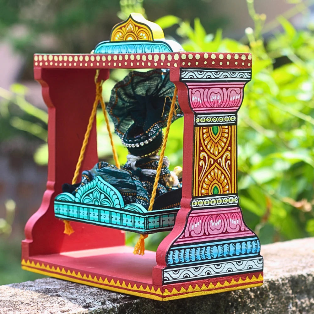 Hand-painted Pattachitra Hand Painted Wooden Krishna Jhula Festive Decor by Maavni