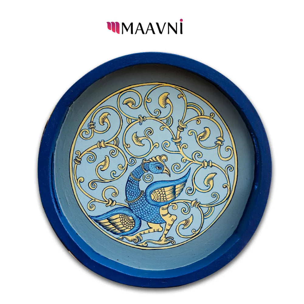 Hand-painted Pattachitra Peacock Round Tray Decor by Maavni