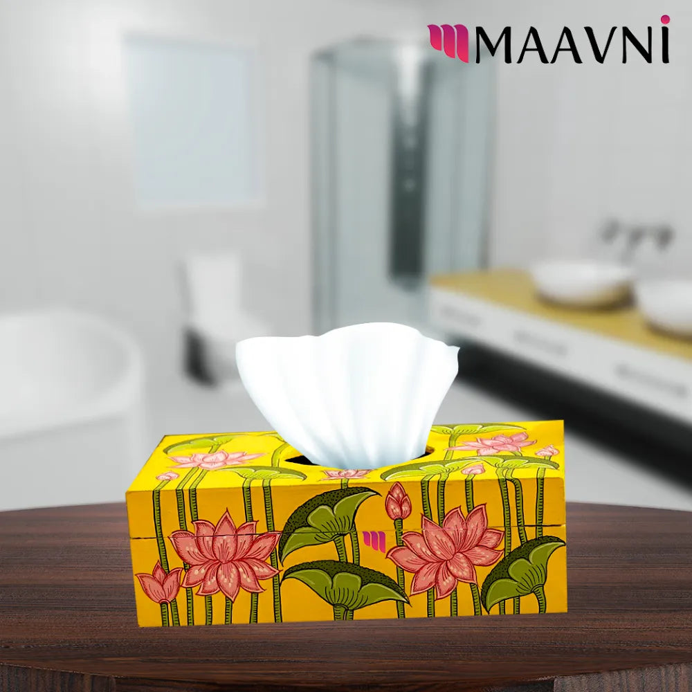 Hand-painted Pattachitra Lotus Theme Tissue Box Decor gallery image by Maavni