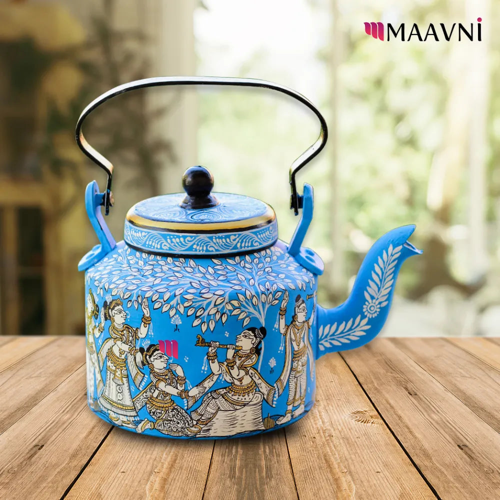 Hand-painted Pattachitra Krishna Leela Sky Kettle gallery image by Maavni