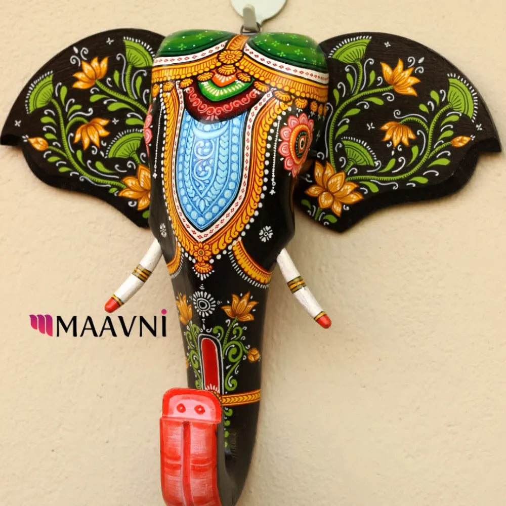 Hand-painted Pattachitra Lotus Design Elephant Head Decor by Maavni