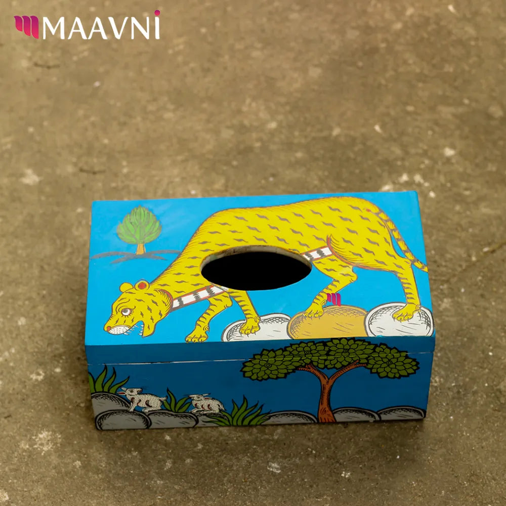 Hand-painted Pattachitra Jungle Tiger Tissue Box Decor by Maavni