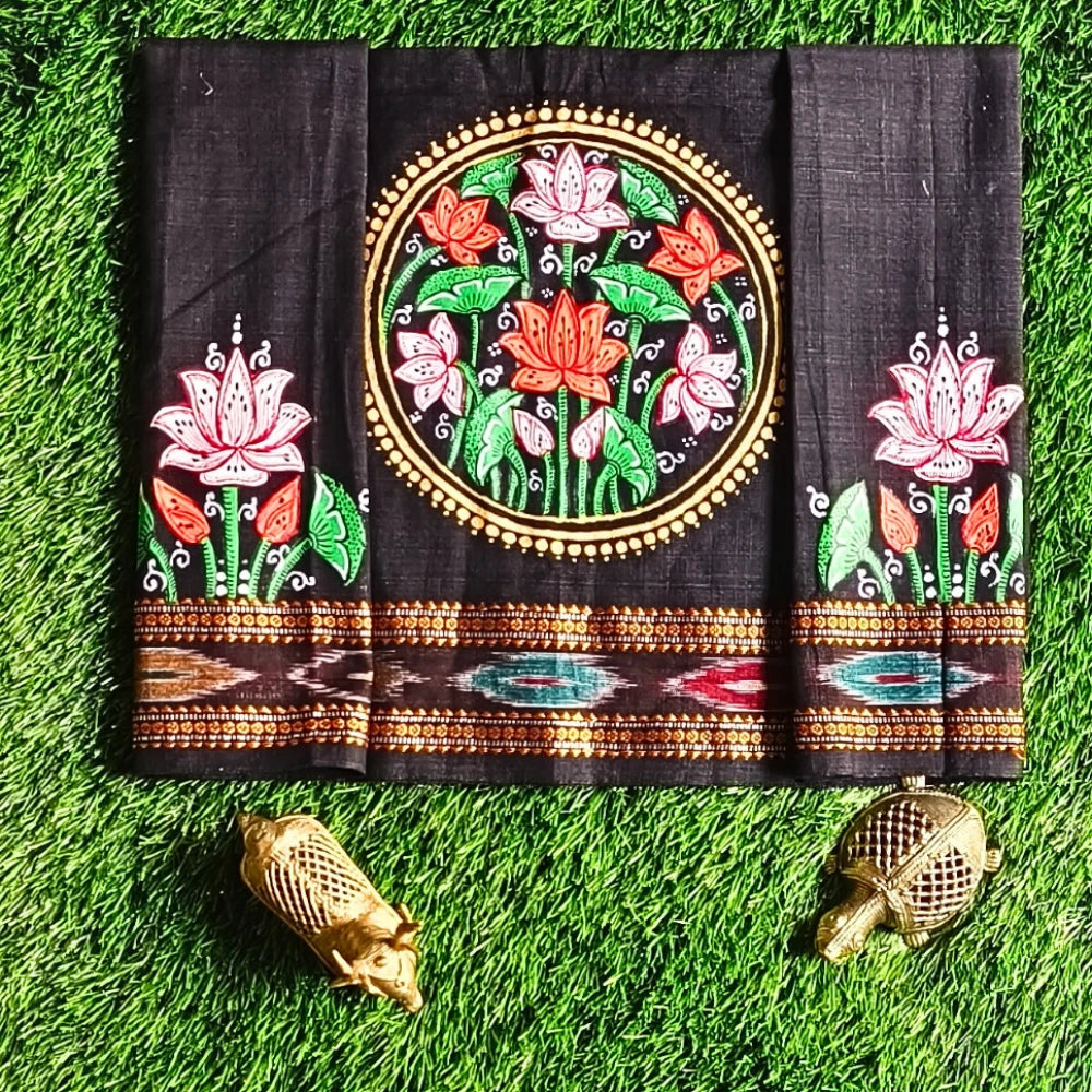 Hand-painted Pattachitra Lotus Theme With Lotus On Sleeves Blouse by Maavni