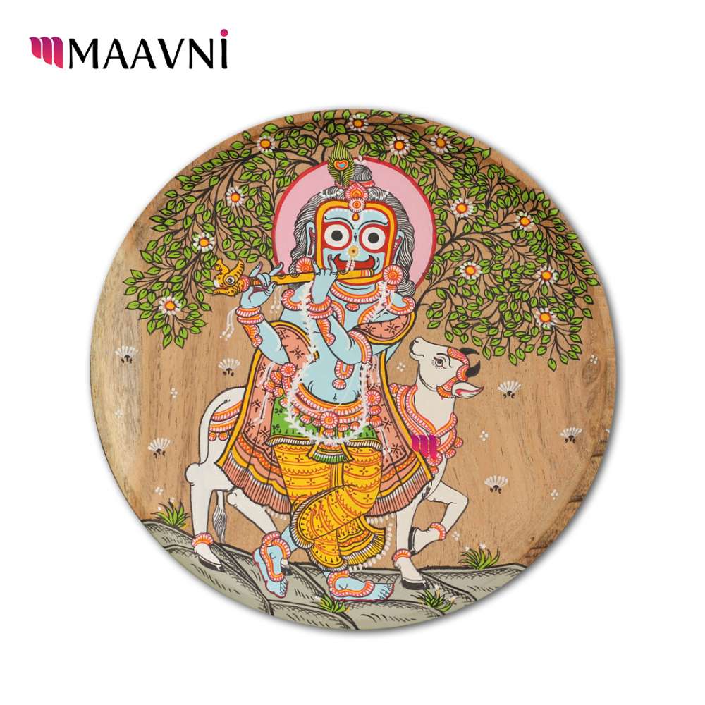 Hand-painted Pattachitra Jaganathji Playing Flute With Cow Wall Plate by Maavni