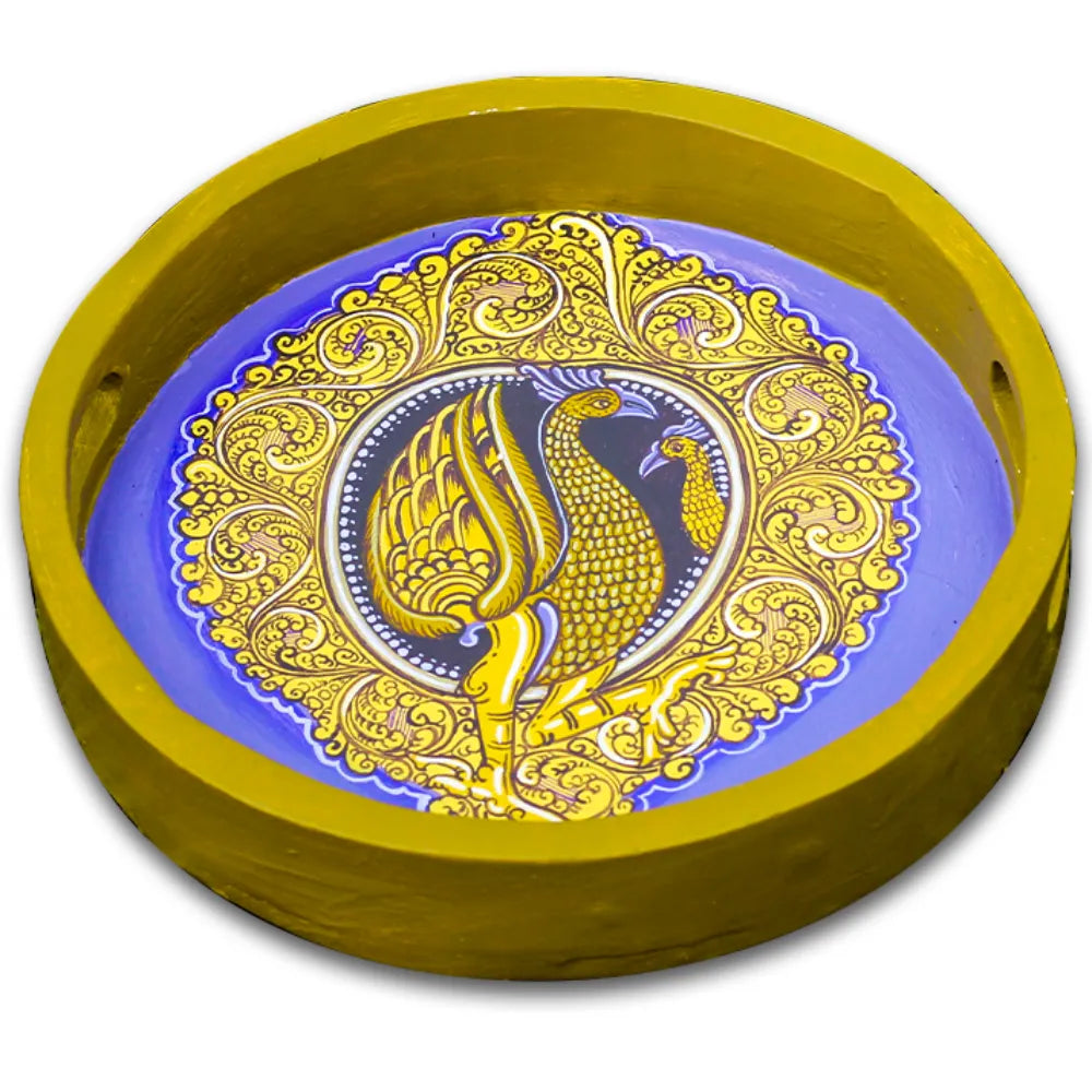 Hand-painted Pattachitra Peacock Design Round Tray Decor gallery image by Maavni