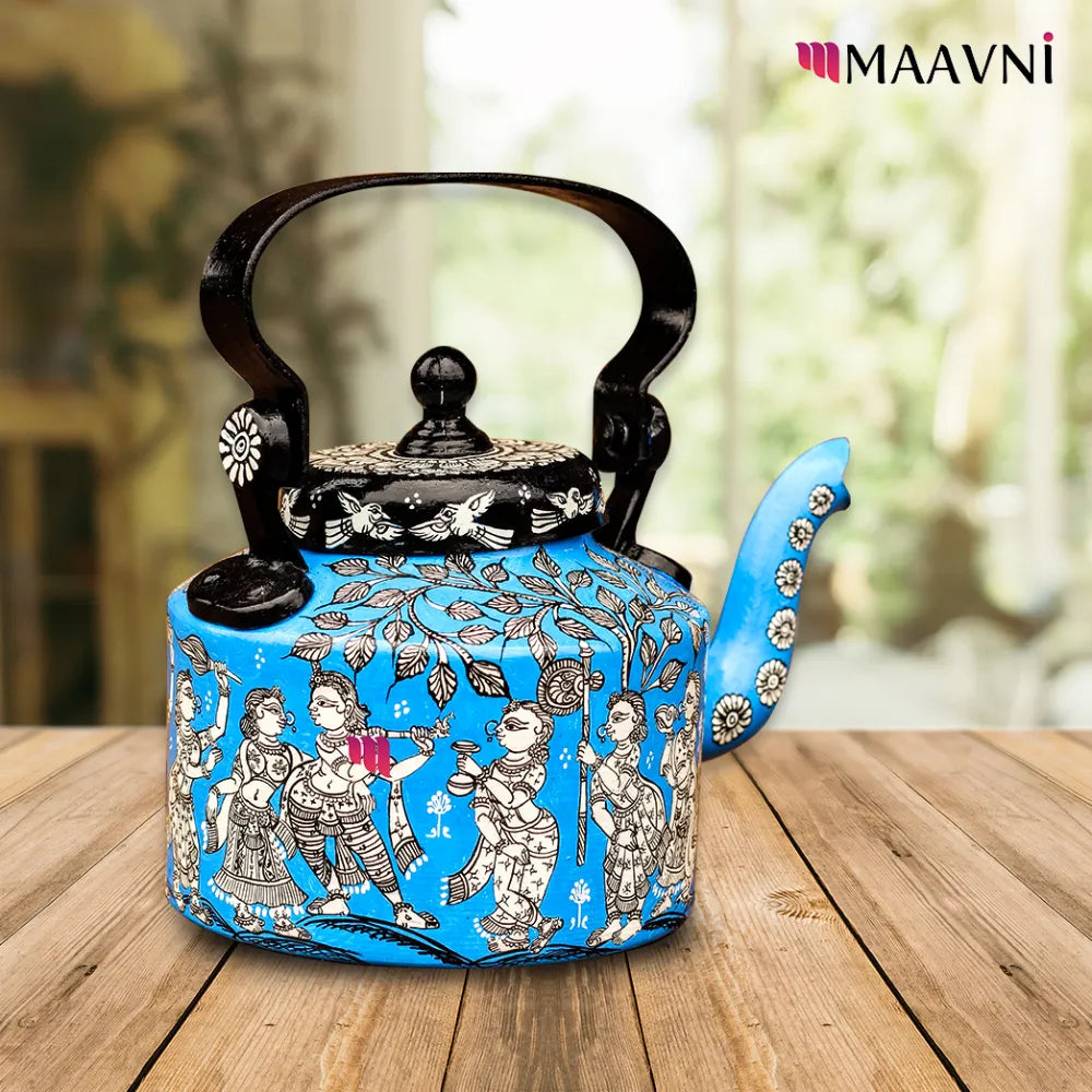 Hand-painted Pattachitra Krishna Raasleela Theme Sky Kettle gallery image by Maavni