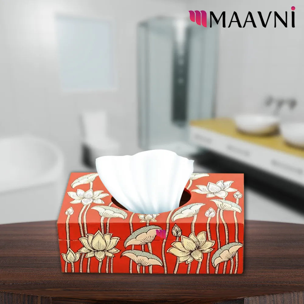 Hand-painted Pattachitra Lotus Theme Tissue Box Decor gallery image by Maavni