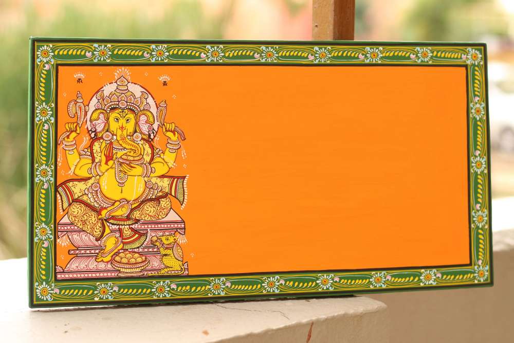 Hand-painted Pattachitra Ganesha Namplate Border Wall Plate by Maavni