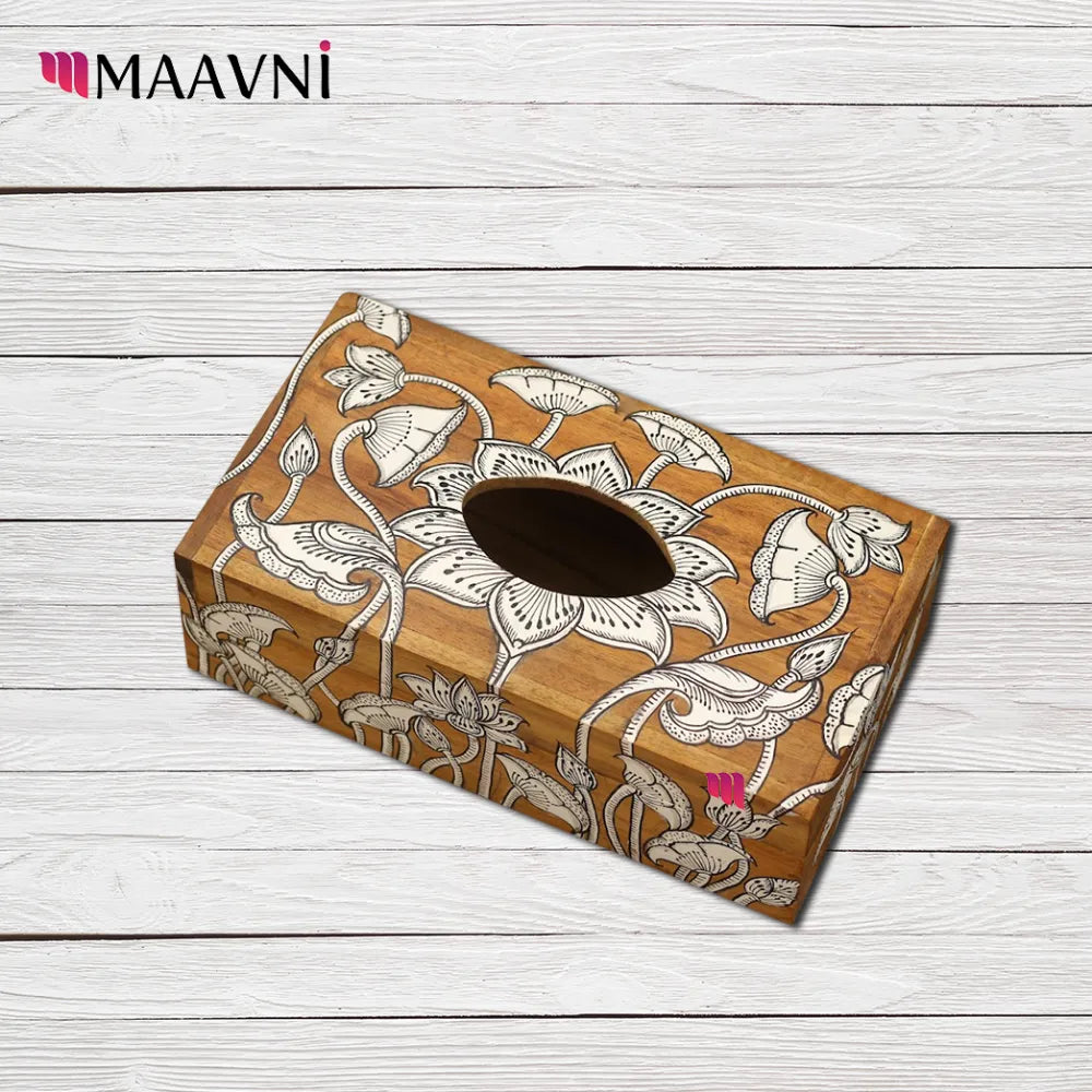 Hand-painted Pattachitra Lotus Theme Tissue Box Decor gallery image by Maavni