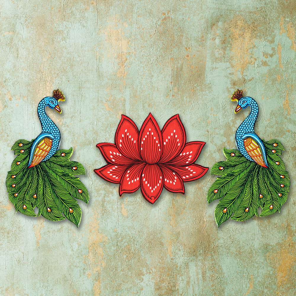 Hand-painted Pattachitra Lotus And Peacocks Cutouts Decor by Maavni
