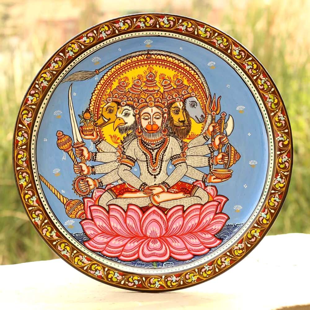 Hand-painted Pattachitra Panchmukhi Hanuman With Bell Wall Plate by Maavni