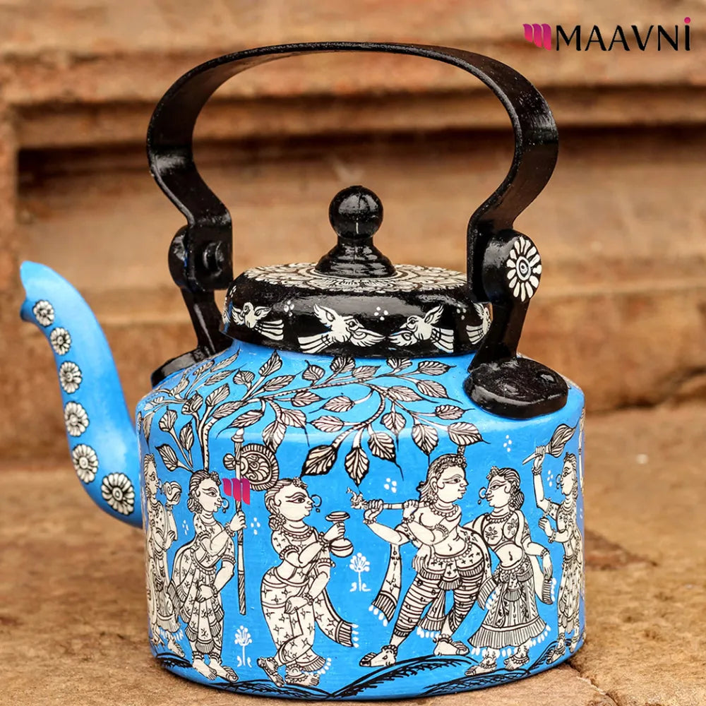 Hand-painted Pattachitra Krishna Raasleela Theme Sky Kettle gallery image by Maavni