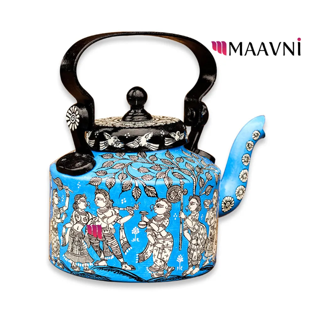 Hand-painted Pattachitra Krishna Raasleela Theme Sky Kettle gallery image by Maavni