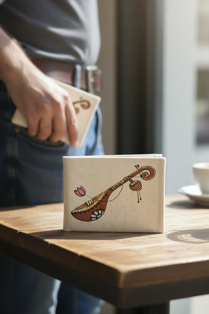 Maavni Lotus Sitar Hand Panted Canvas Wallet – Off-White