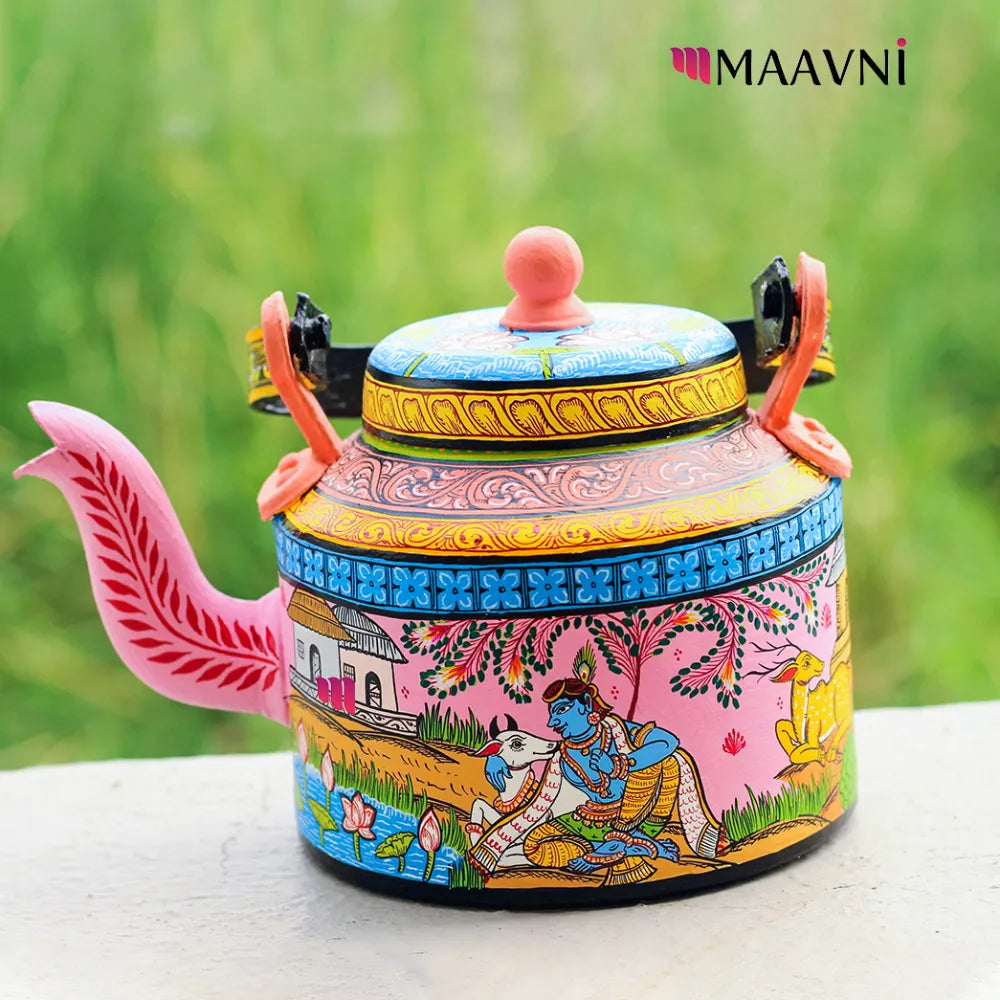 Hand-painted Pattachitra Krishna Leela Theme Kettle gallery image by Maavni