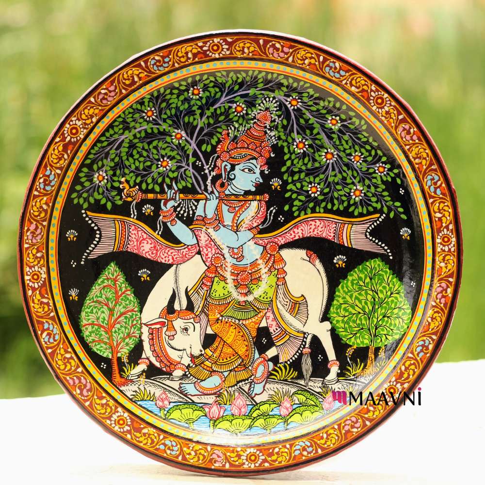 Hand-painted Pattachitra Krishna Cow Wall Plate by Maavni