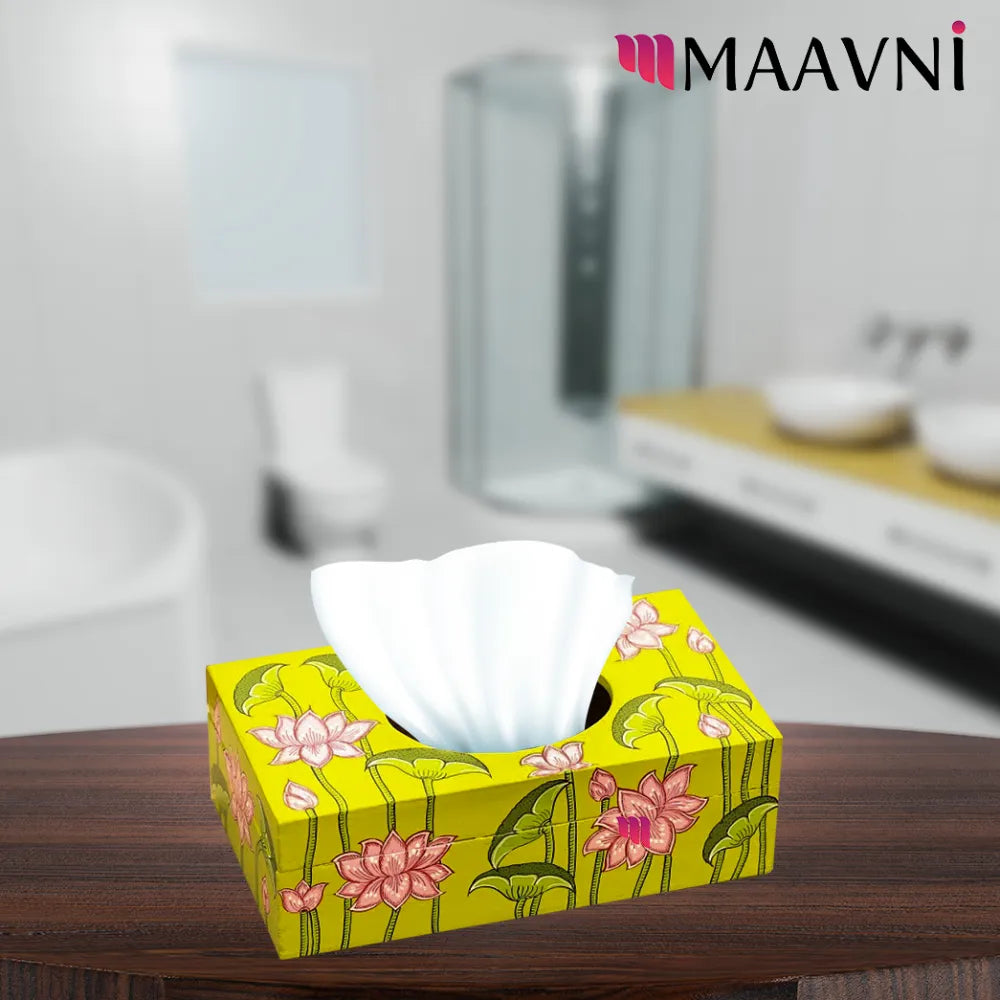 Hand-painted Pattachitra Lotus Theme Lightgreen Tissue Box Decor by Maavni