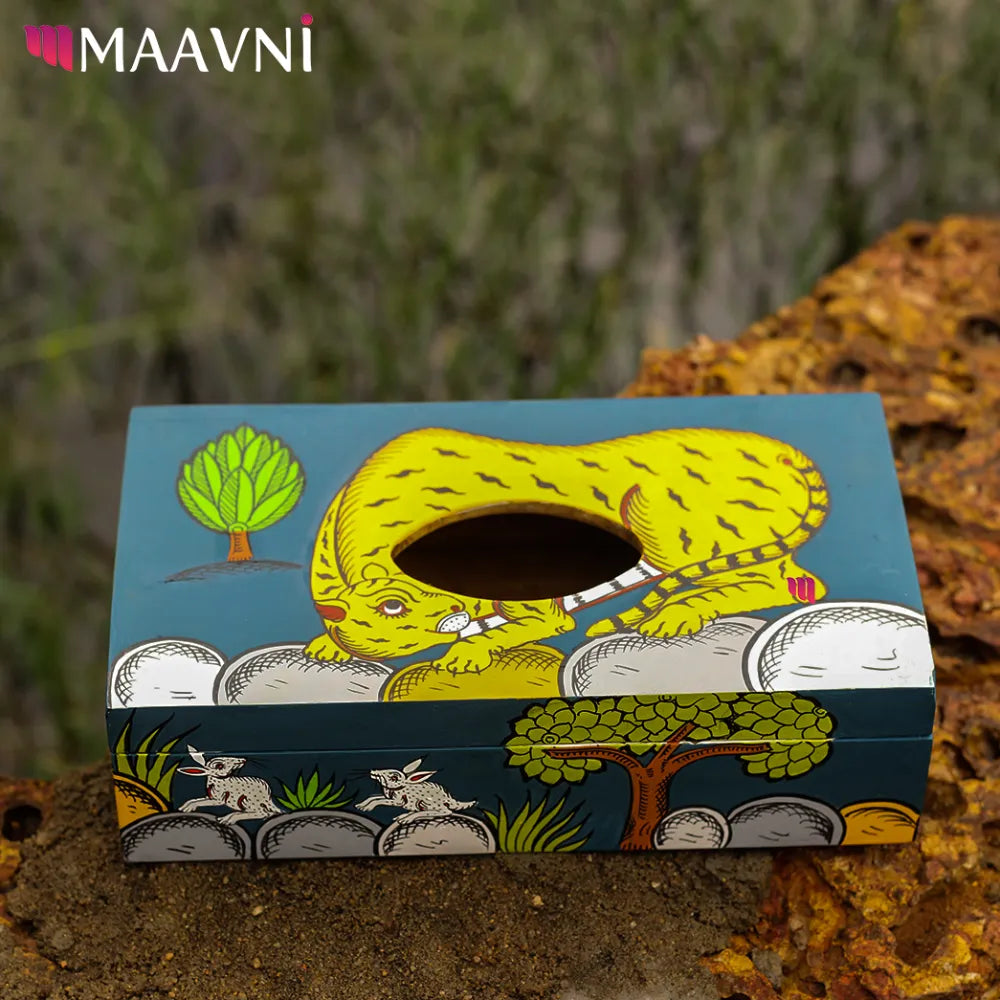 Hand-painted Pattachitra Tiger Theme Tissue Box Decor by Maavni