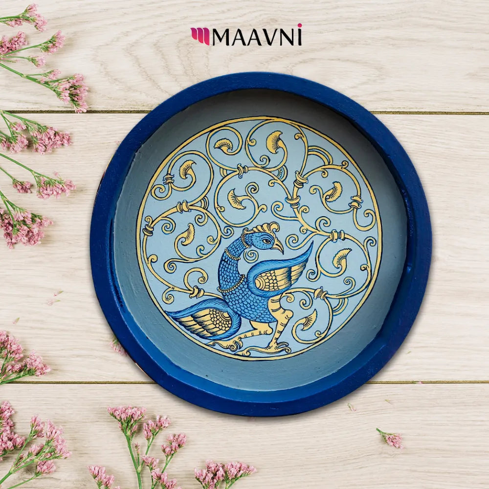 Hand-painted Pattachitra Peacock Round Tray Decor by Maavni