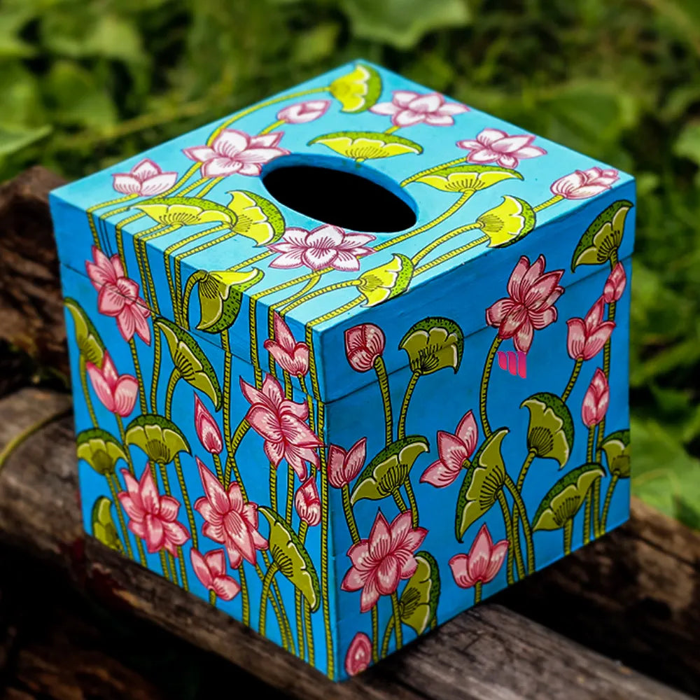 Hand-painted Pattachitra Lotus With Sky Background Tissue Box Decor by Maavni