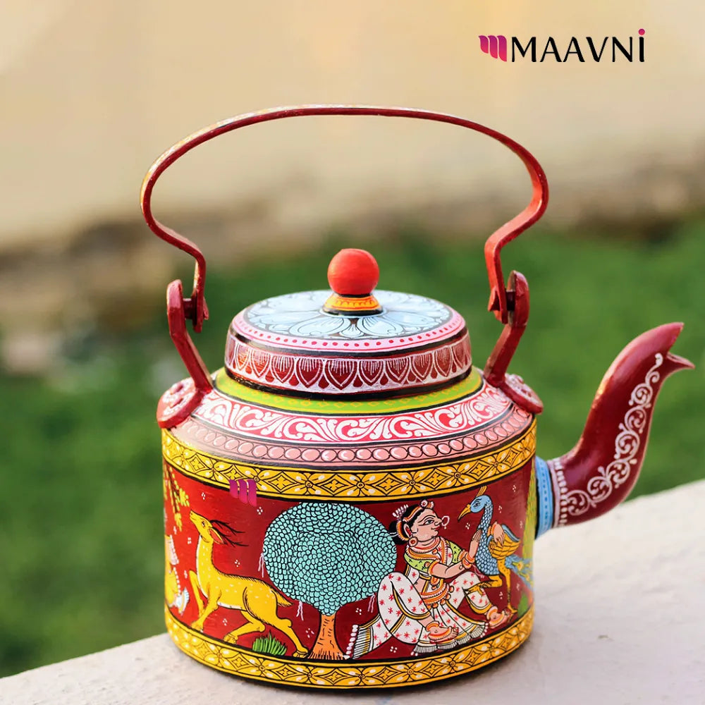 Hand-painted Pattachitra Jungle Theme Darkred Kettle gallery image by Maavni