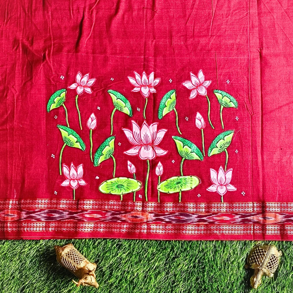 Hand-painted Pattachitra Lotus In A Pond With Lotus On Sleeves Blouse gallery image by Maavni