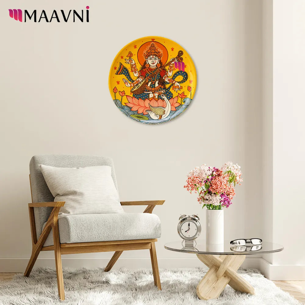 Hand-painted Pattachitra Saraswati Wooden Wall Plate gallery image by Maavni