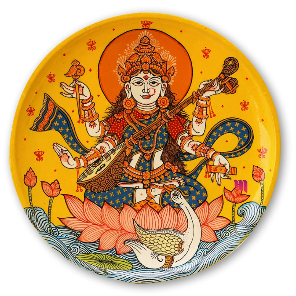 Hand-painted Pattachitra Saraswati Wooden Wall Plate by Maavni
