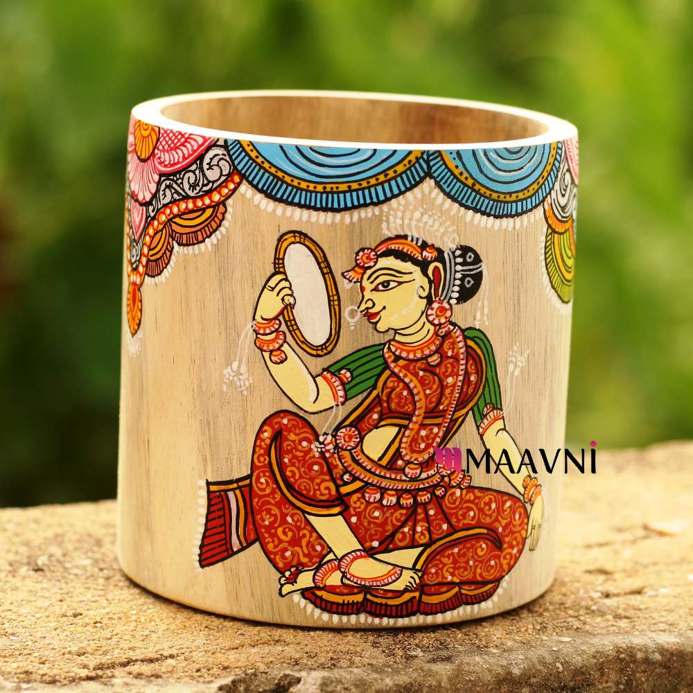 Hand-painted Pattachitra Sringar Raas Theme Multipurpose Holder Pen Stand by Maavni