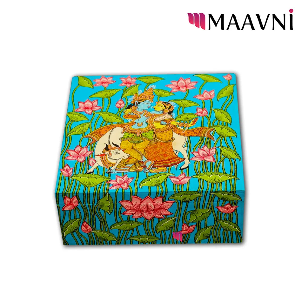Hand-painted Pattachitra Radha Krishna Lotus Theme Utility Box Decor by Maavni