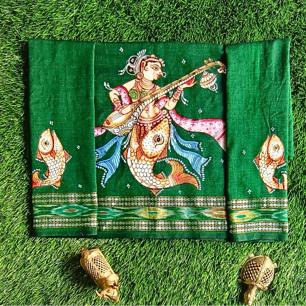 Hand-painted Pattachitra Matsya Kanya With Beena In Hands And Fish On Sleeves Blouse by Maavni