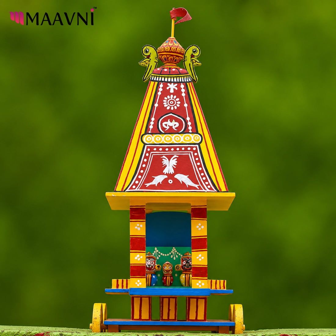 Maavni hand-painted wooden Jagannath chariot sculpture in Pattachitra style, featuring multi-tiered pyramidal canopy with red, yellow, and green palette