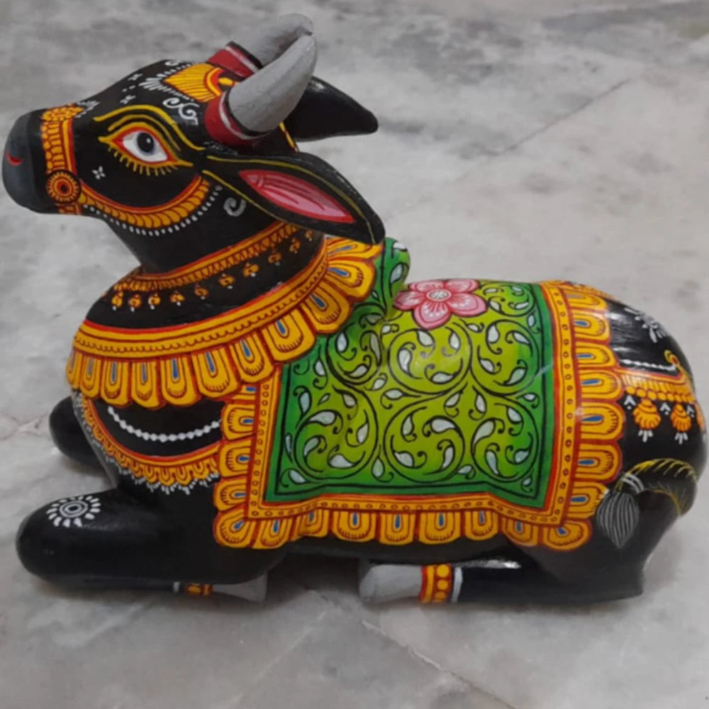 Hand-painted Pattachitra Nandi With Lotus Chadar Decor by Maavni