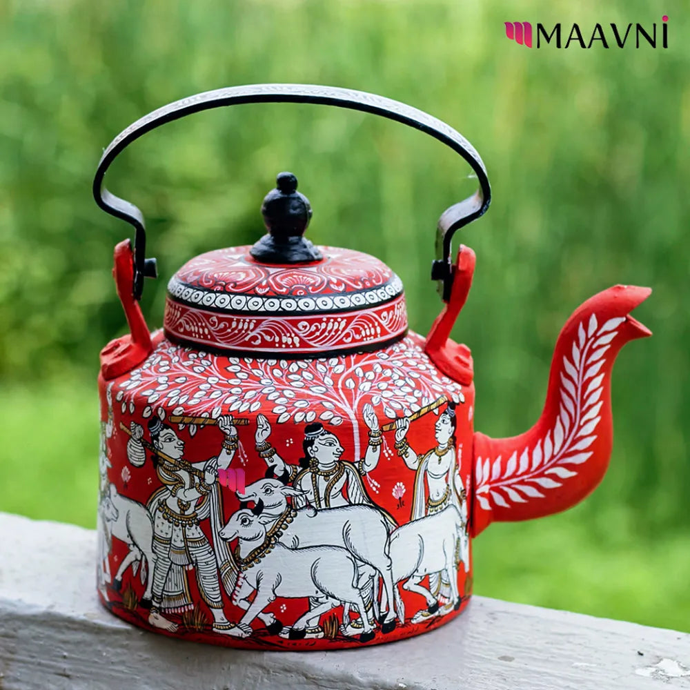 Hand-painted Pattachitra Krishna With Cow Theme Kettle gallery image by Maavni