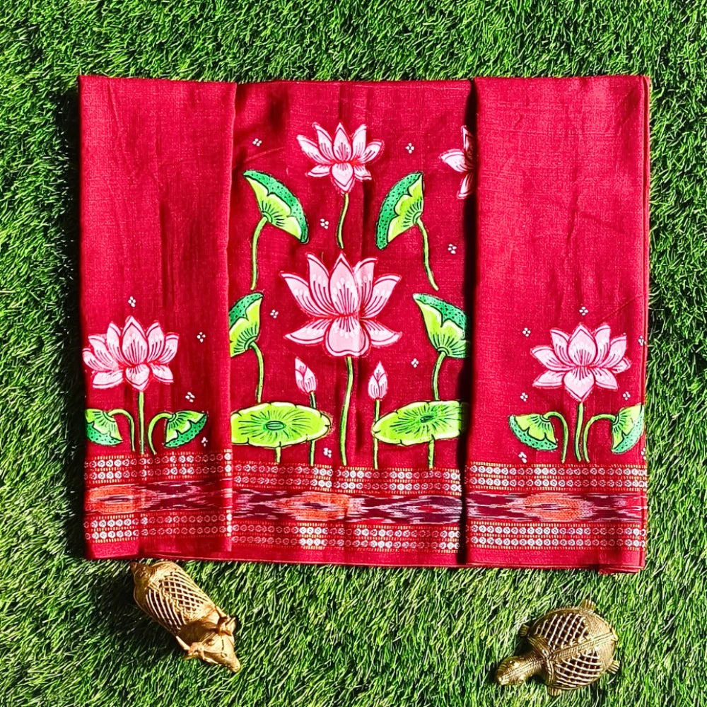Hand-painted Pattachitra Lotus In A Pond With Lotus On Sleeves Blouse by Maavni