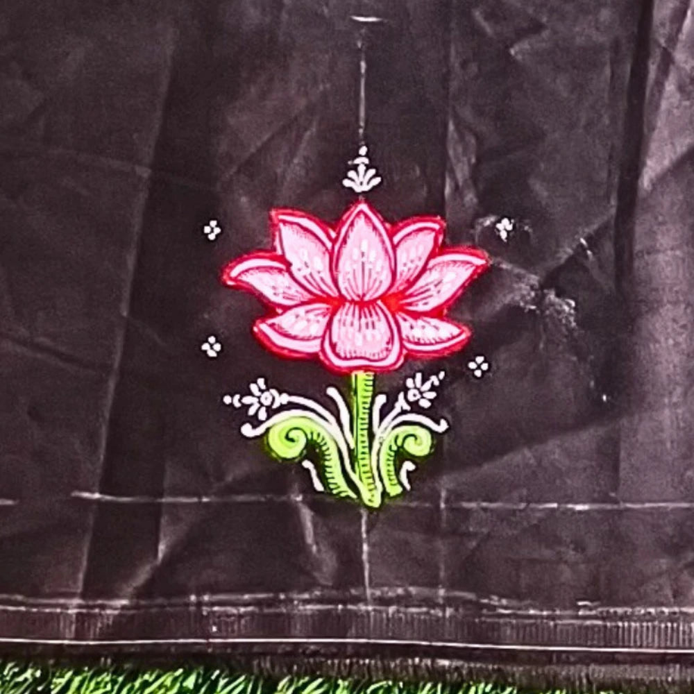 Hand-painted Pattachitra Lady Doing Sringhar With Lotus On Sleeves Blouse gallery image by Maavni