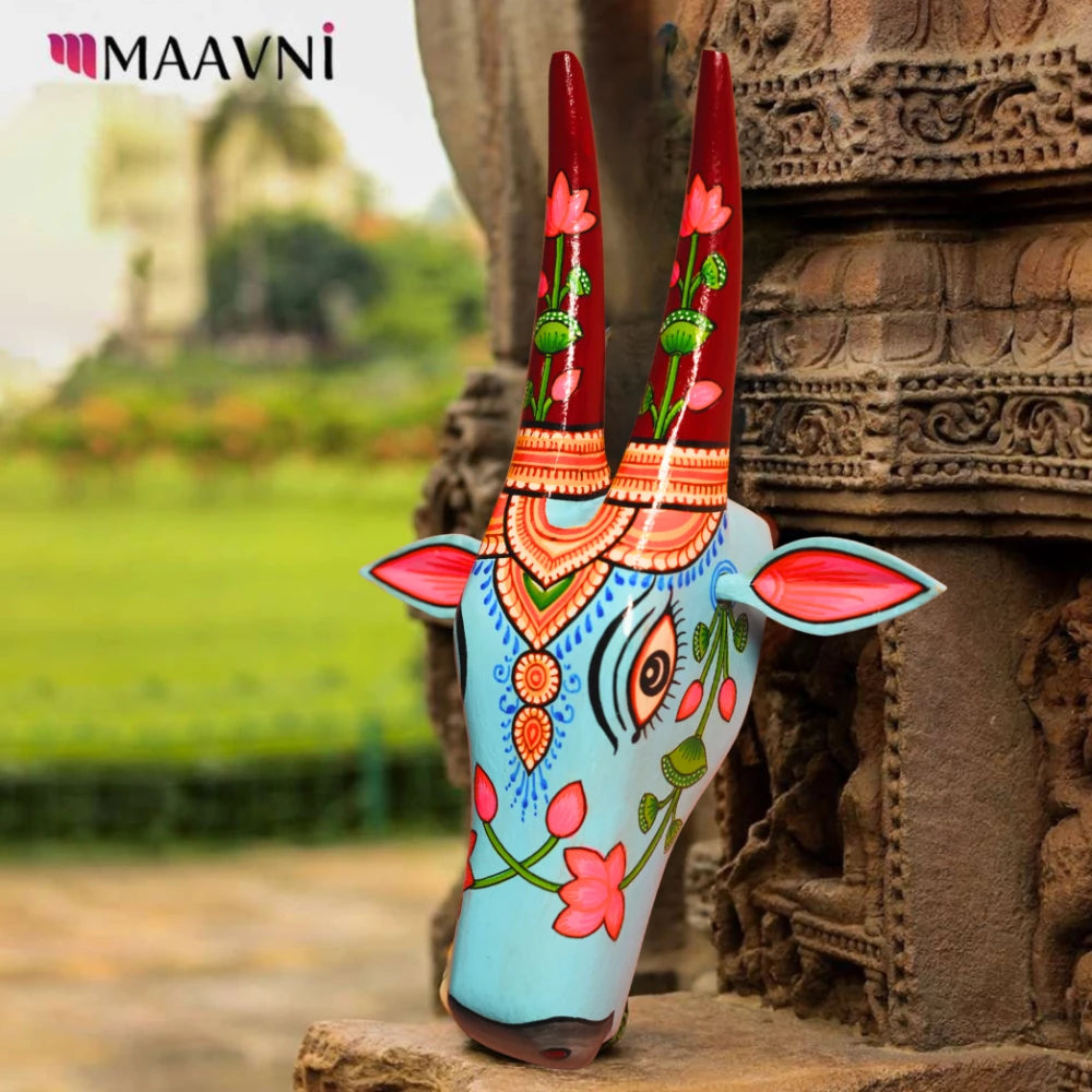 Hand-painted Pattachitra Cow Head Light Sky Hand Painted D Cor Painting by Maavni