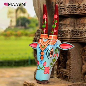 Hand-painted Pattachitra Cow Head Light Sky Hand Painted D Cor Painting by Maavni