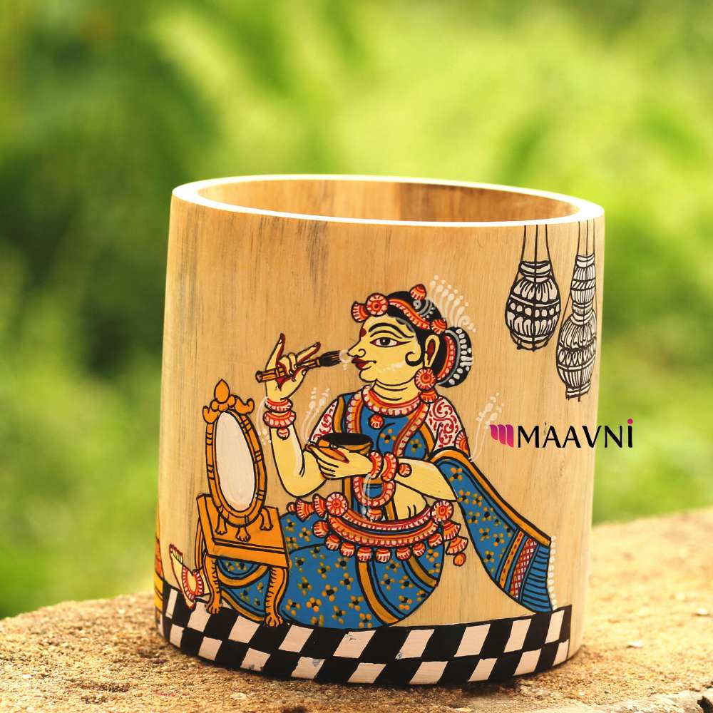 Hand-painted Pattachitra Lady Applying Kajal Multipurpose Holder Pen Stand by Maavni