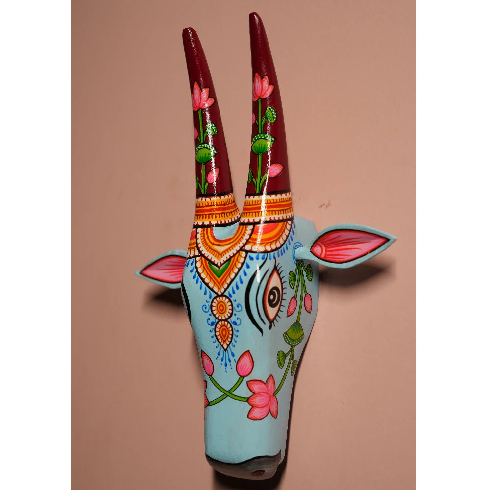 Hand-painted Pattachitra Cow Head Light Sky Hand Painted D Cor Painting gallery image by Maavni