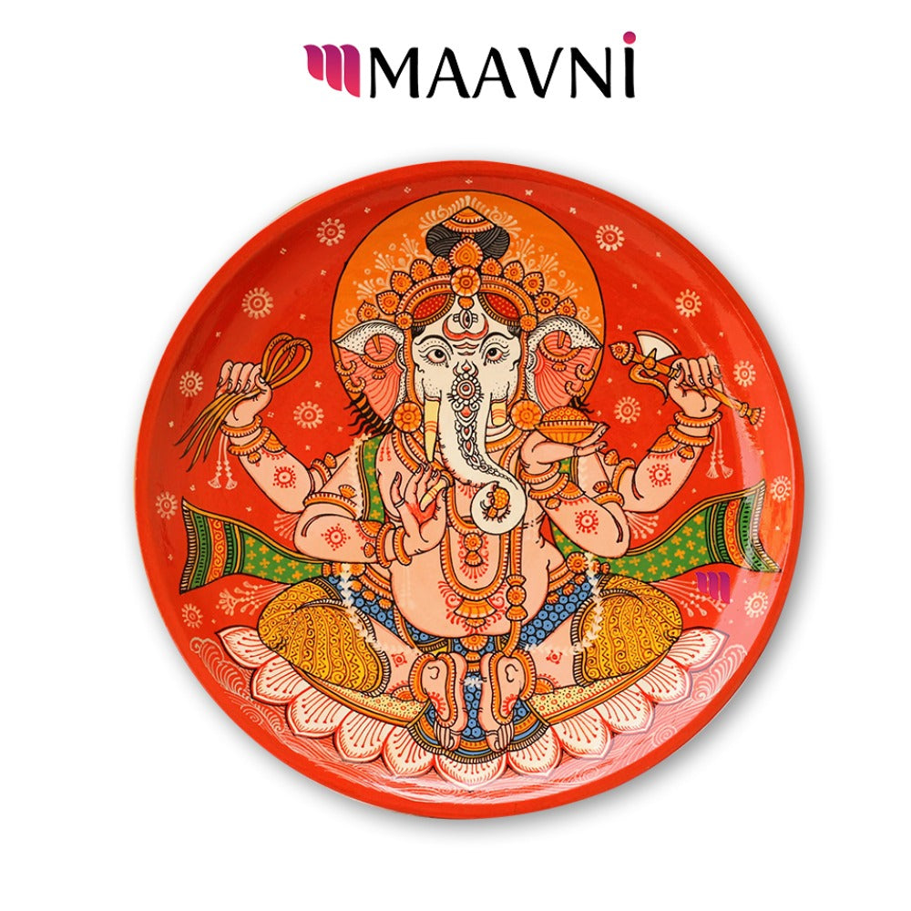 Hand-painted Pattachitra Ganesha Wooden Wall Plate by Maavni