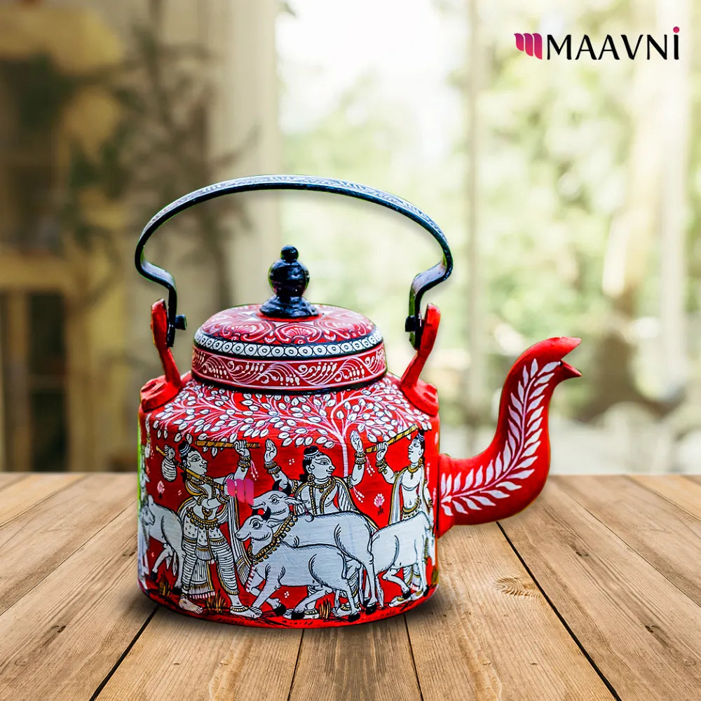 Hand-painted Pattachitra Krishna With Cow Theme Kettle gallery image by Maavni
