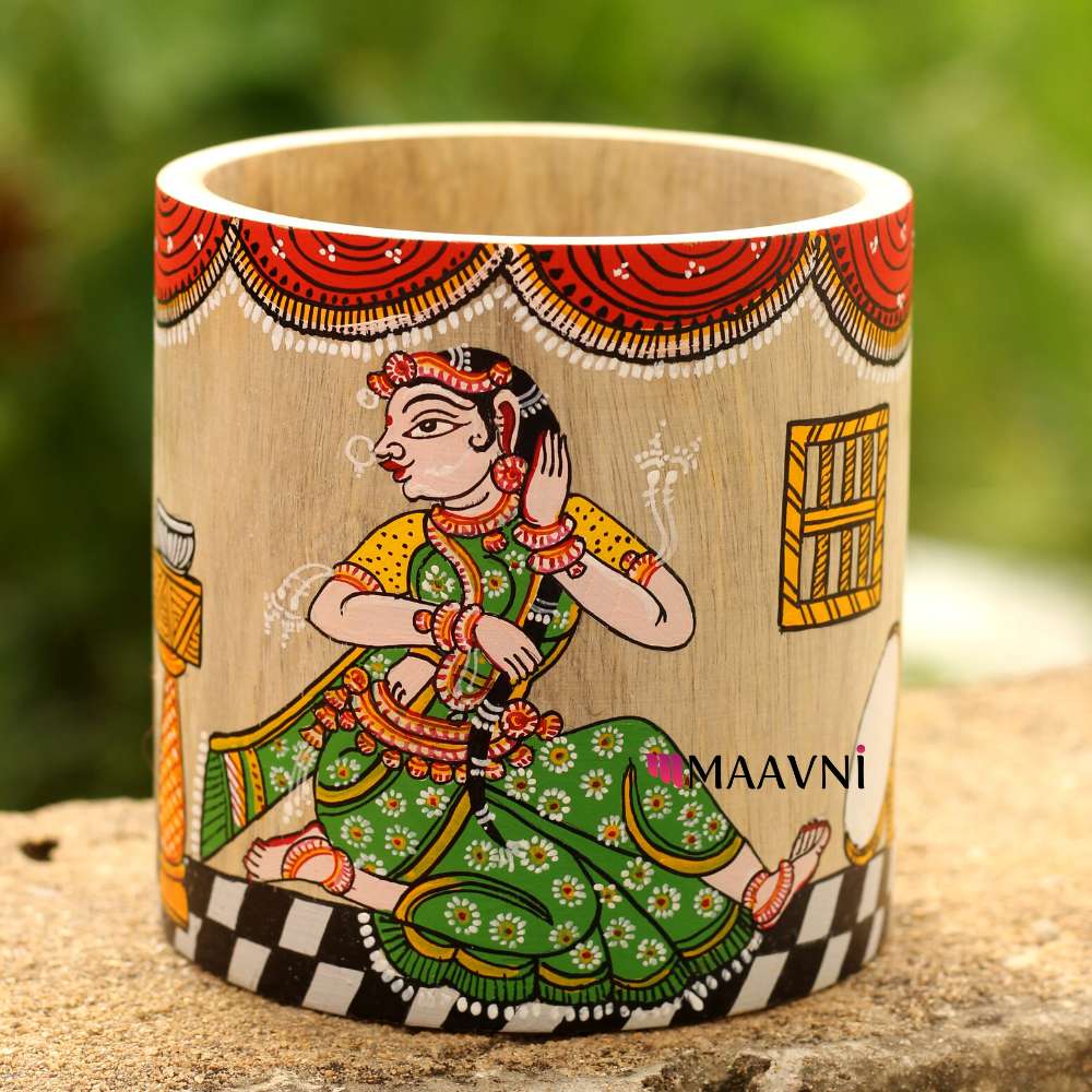 Hand-painted Pattachitra Sringar Raas Lady Doing Her Hair Multipuspose Holder Pen Stand by Maavni