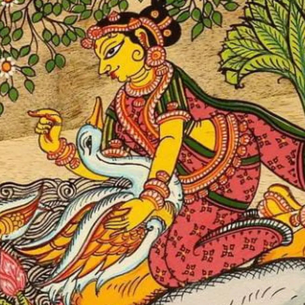 Hand-painted Pattachitra Lady With Swan Floral Wall Plate by Maavni