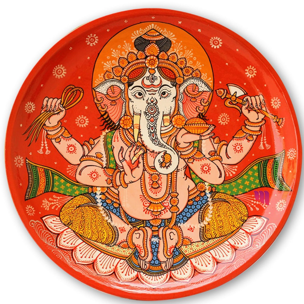 Hand-painted Pattachitra Ganesha Wooden Wall Plate by Maavni