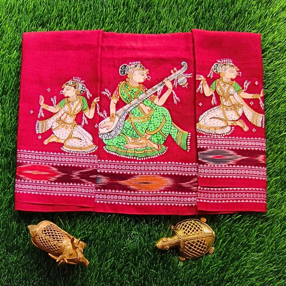 Hand-painted Pattachitra Lady Sitting And Holding Veena With Sitting Lady On Sleeves02 Blouse by Maavni