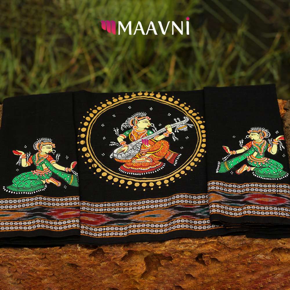 Hand-painted Pattachitra Lady With Sitar Piece 1Mt Blouse by Maavni